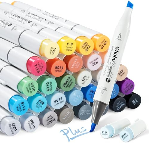 Ohuhu Alkohol Marker, 36+1 Farben Honolulu Plus Marker mit Premium-Pinsel, Nahtloses Mischen und Nachfüllbare Tinte für professionelle Künstler, zum Kolorieren, Skizzieren und Illustrieren