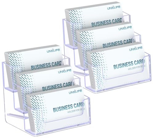 Uniclife Visitenkartenhalter aus Acryl für den Schreibtisch, 3 Fächer, transparenter Visitenkarten-Präsentationsständer für Männer und Frauen, Desktop-Visitenkarten-Organizer, Kartenständer für Büro,