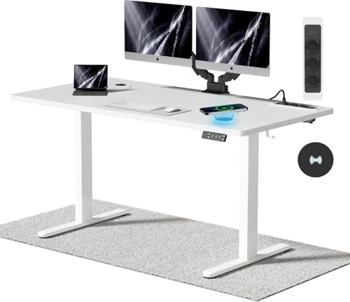Airfish Höhenverstellbarer Schreibtisch (140 x 70cm) mit Kabelloser Ladestation, Computertisch Elektrisch Stehtisch mit 3-Funktions-Memory und Funktion zur Ermüdungs-Erinnerung, Weiß