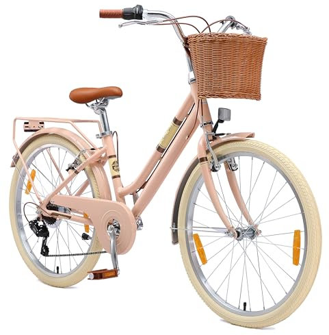 BIKESTAR Alu Kinderfahrrad ab 9-10 Jahre | 24 Zoll City Retro Bike, 7 Gänge, Korb, V-Bremse, Hollandrad | Rosa | Risikofrei Testen