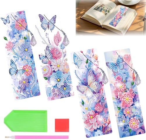 CAYUDEN 5D Diamond Painting Marcapaginas Personalizado, 4 Piezas Pintura de Diamante Manualidades Adultos y Niñas DIY Diamond Painting Niños, Diamond Art Mariposa Regalo para Profesora Infantil