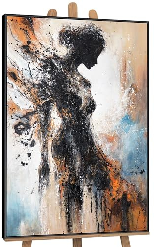YS-Art Pintura Acrílica sobre lienzo Elemento de la feminidad Arte moderno Cuadros con marco Tono negro-beige Cuadro de pared Salón Oficina Decoración del hogar Galería 120x80 cm
