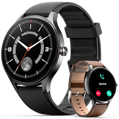 Woneligo Smartwatch Damen Herren Rund(2 Armbänder), 1.27 HD Zoll Touchscreen 40mm Smart Watch mit Telefonfunktion/KI-Sprachassistent, 120 Sportmodi Fitness Tracker mit Herzfrequenz, SpO2, Schlaf