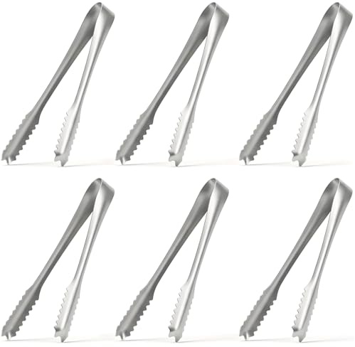 DOPENSPI 6 mini pinze per ghiaccio in acciaio inox, 15,5 cm, in metallo argentato, con denti per una presa sicura, piccole utensili da cucina per antipasti, insalata, zucchero, dessert