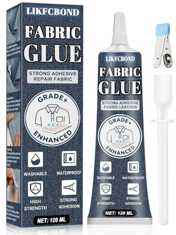 LIKFCBOND Textillim för Tyg, 120ML Extra Starkt Tyglim, Snabbtorkande, Transparent och Flexibelt Tyglim, Lämpar Sig för Limning Tvättmaskin, Textilier, Bomull, Läder, Denim, Ull, Linne