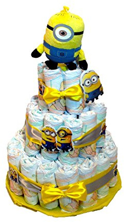 Tarta de pañales Minion (Despicable Me) (Talla 2 (3-6 kg)) by MomentosGourmet Añade tu dedicatoria personalizada. Regalo para bebé muy práctico. Cesta Canastilla recién nacido. Diaper Cake