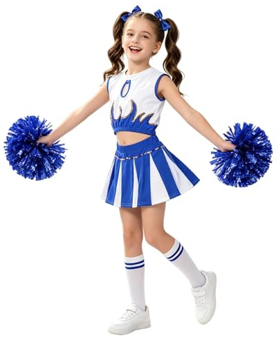 LOLANTA Mädchen Cheerleader Kostüm Schulkind Cheer Kostüm Outfit Karneval Kostüm(blau,146-152,Etikettengröße 150)