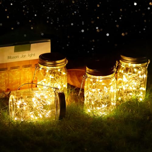 Vindany Lanterne Solari da Esterno - 4 Pezzi Lanterna Solare Esterno 30LED, Impermeabile IP65 Lampada Solare Barattolo Auto On Luci Solari da Giardino per Terrazza Patio Festa Bianco Caldo