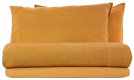 Lisola Bäddset Sängkläder för enkel säng i stentvättat linne, lakan över 160 x 285 cm, lakan under 90 x 200 x 30 cm, 1 örngott 50 x 80 cm, tillverkat i Italien, Modell: Exklusiv, bärnsten färg