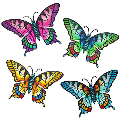 SUNNEKO 4 PCS Butterfly Wall Art Decoration Garden Ornaments Outdoor Indoor Metal Wall Art Garden Fence Decorations Yard Wall Hanging Decoration Shed Walls Fences Kitchen Art Deco