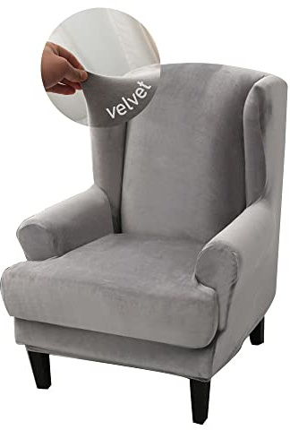 Highdi Wingback Chair Covers 2-Piece Ultra Soft Velvet Wing Chair Cover, Stretch Fabric Washable Armchair Sofa Cover Slipcover Furniture Protector for Living Room Hotel (Light Grey)