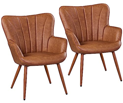 Yaheetech PU Leather Armchair, Modern Accent Chair with Metal Legs, Comfy Upholstered Barrel Chair for Living Room Bedroom Vanity Room, Brown, 2pcs