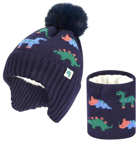QKURT Ensemble Bonnet et écharpe Tricotés pour Enfants d'hiver, Bonnet Tricoté doux et chaud, Ensemble Cache-cou avec Motif de Dinosaure pour Garçons et Filles de 2 à 6 ans