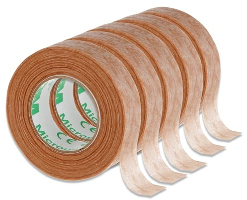 P-Beauty Micropore Tape Vliespflaster Hautfarben mit Anwendungstipps by medizinisches Klebeband Wimpernverlängerung, Hautpflaster Hypoallergen, Atmungsaktiv, Wasserfest (1,25cmx9,14m, 5 Rollen)