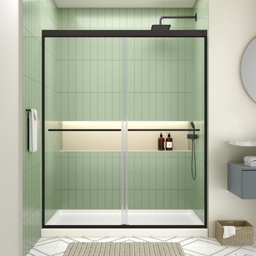 ACE DECOR 44-48 W x 70 H Semi-Frameless Shower Door, Double Sliding Shower Door with 1/4 (6mm) Clear SGCC Tempered Glass, Matte Black Finish Shower Doors, Reversible Installation