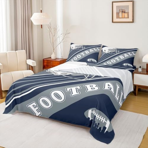 Erosebridal 4Pcs Gridiron Bed Sheets Set, Sheets Queen Size, Sports Bedding Set, White Navy Blue Striped Sheet Set Bedroom Decor for Men Husband Boyfriend Teenage Boys