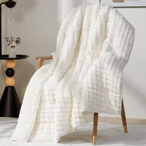 Cottonblue Bubble Fleece Weighted Blanket 15lbs for Adults Queen Size Bed, Cozy Fuzzy Sherpa Flannel Weighted Blankets, Cute Warm Sofa Heavy Blanket for Calming & Sleeping, 60x80, Cream White