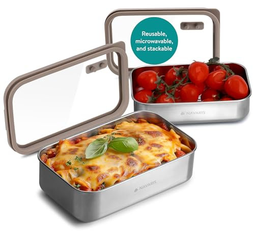 Navaris Microwave-Safe Steel Lunch Box - Microwavable & Reusable Stainless Steel Bento Box - Light & Durable - Lunch or Snack Container Bento Box and Food Storage - Set of 2 Brown