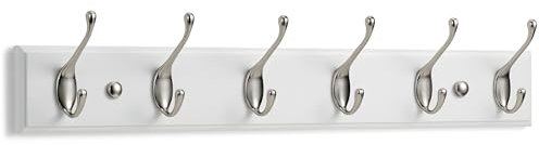 LARHN Garderobenhaken Weiß - Garderobenleiste Weiß mit 6 Haken in Nickel Matt - 59 cm - Kleiderhaken Wand - Wandgarderobe für Flure, Garderoben, Schlafzimmer und Badezimmer