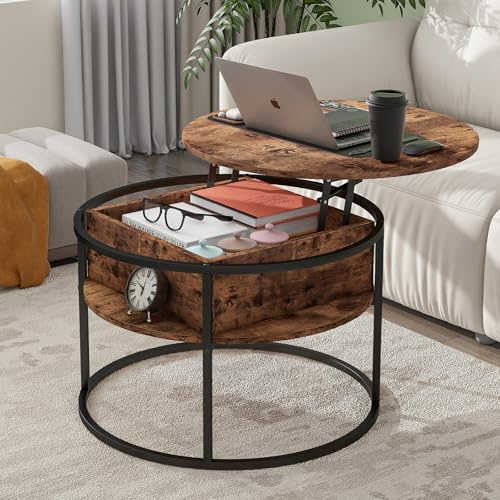 HOJINLINERO Round Coffee Table,Lift Top Coffee Tables for Living Room,Wsooden Coffee Table with Hidden Storage & Lift Up Top,Modern Sofa Tea End Center Tables Living Room Furniture,Brown