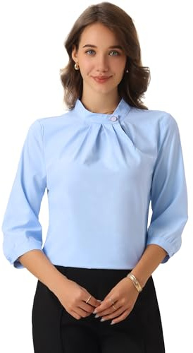 Allegra K Chemise de Travail pour Femmes à Col Montant Blouse Froncée sur Le Devant à Manches 3/4 Chemisiers Décontractés et Habillés Bleu M