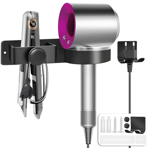 Hair Dryer Holder, No Drilling Required, Holder for Straighteners, Aluminum Alloy Blow Dryer Holder, Self-Adhesive or Screw-Mount Option, with Cable Storage, Ideal for Bathrooms and Salons (Black)