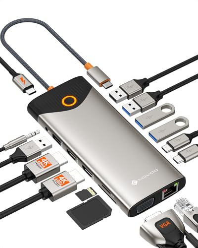 NOVOO Docking Station, 15 in 1 USB C HUB with Dual 4K@60Hz HDMI, One-Click Screen-Off Button, USB C&USB A Ports, 100W PD, RJ45, SD/TF and Audio, Laptop Docking Station for MacBook/Dell/HP/Lenovo/ASUS