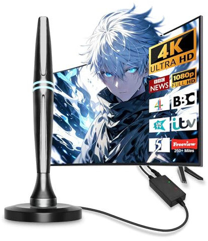 2025 Upgraded TV Aerial, Digital Indoor TV Aerial for Smart TV, TV Antenna with Booster 300+ Long Range Reception for Freeview Support 4K 1080P HDTV