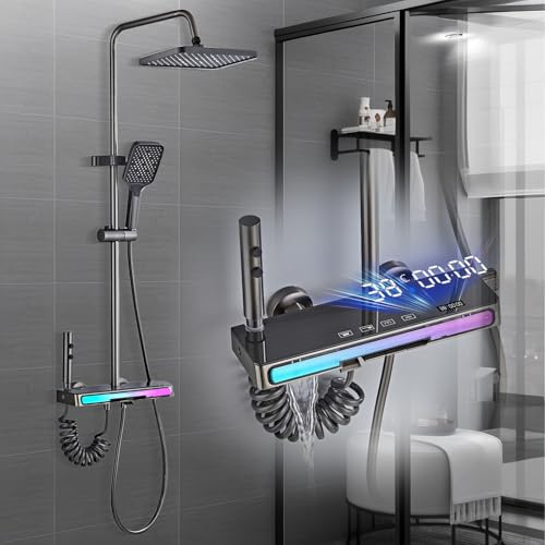 Julymoda Colonna Doccia con Miscelatore Display Digitale LED Luce Stellata Ambientale Kit Doccia Idromassaggio con Soffione e 30cm Prolunga Altezza Regolabile 70-133cm (Grigio scuro)