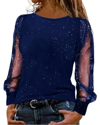 2025 Blusas Festivas Mujer Negro Elegante Sexy Traje de Nochevieja Lentejuelas Top E Girl T Shirt, azul, 4XL