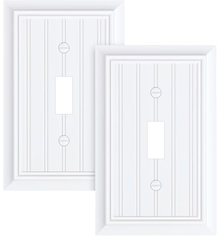 2-Pack Classic Beadboard Single Toggle Light Switch Cover Plate, Durable Natural Bamboo Fiber Decorative Switch Plate Covers, Pure White 1 Gang Wall Plate