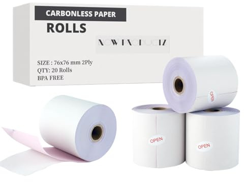 76 x 76 mm 2Ply Non-Thermal Carbonless Paper Rolls for Non-Thermal Cash Register Machine Receipt Kitchen Printer, Dot Matrix Impact Printer (White/Pink)(20 Rolls)