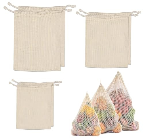 Funalix Juego de 6 Bolsas de Malla para Verduras de Algodón, Bolsa de Malla Reutilizable con Cordón de Algodón Orgánico, para Compras, Almacenamiento de Frutas (3 Tamaños/Beige)