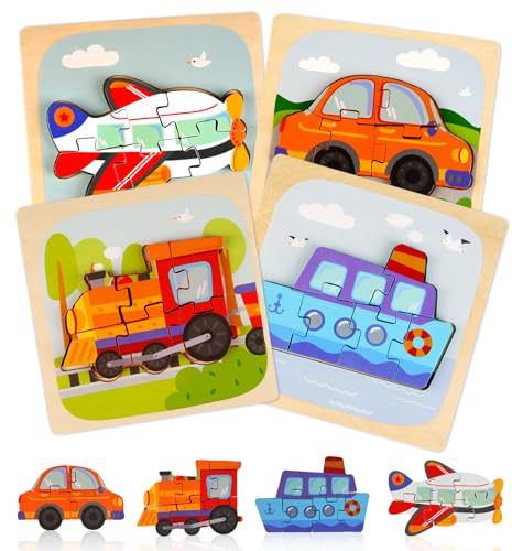 Deepton Wooden Puzzles, Cute Vehicle Wooden Jigsaw Puzzles for 1-3 Year Old | Birthday Gift for Boys Girls, Preschool Learning Educational Toys for Age 1 2 3 Baby Kids