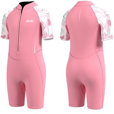 GoldFin Kids Shorty Wetsuit, Toddler Wetsuits Girls 2mm Neoprene Front Zip Wet Suit Keep Warm in Cold Water Swimming Surfing Snorkeling Kayaking, Pink Size 2
