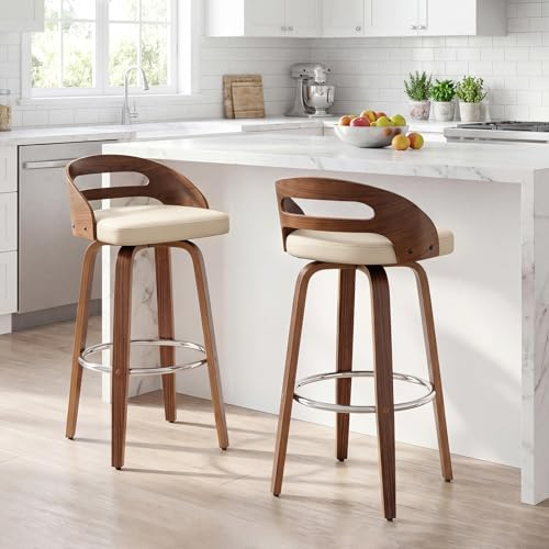 HOCEWI Set of 2 Swivel Bar Stools, Beige Counter Height Stools with Walnut Finish, Bentwood Curved Back Faux Leather Upholstered Chairs for Kitchen Island, Bar, Seat Height: 63.5cm