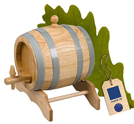 HOFMEISTER® Botte di Rovere da 5 Litri per Vino, Whisky e Grappa, Fatta a Mano, con Rubinetto, Tappo e cavalletto, Inclusi Istruzioni, 27,5 x 24 x 28 cm, Piccola Botte in Legno