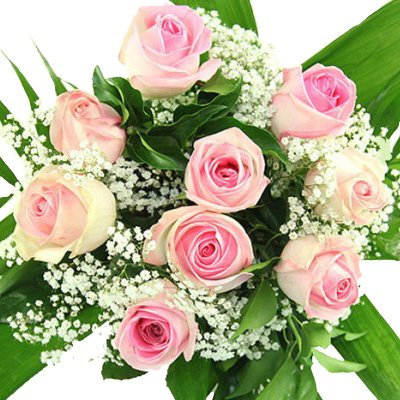 Großer Rosenstrauß - 10 rosa Rosen und Schleierkraut - Blumenstrauß inklusive gratis Grußkarte