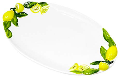 Lashuma Handgemachte Ovale Servierplatte aus Italienischer Keramik im Zitronendesign, Servierteller 34x19 cm