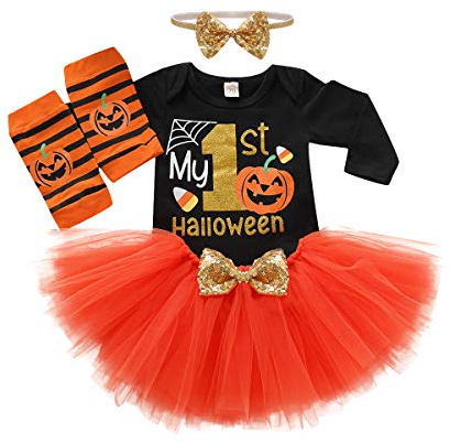 Baby Girl Halloween Costumes,My First Halloween Outfit Girl,Newborn Halloweens Costume,Infant Pumpkin Romper + Leg Warmers + Tutu Skrit + Headband,4pcs Halloweens Baby Clothes Set 12-18 Months,Orange