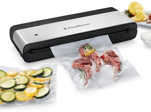 FoodSaver PowerVac VS0150 - Máquina de envasado al vacío compacta de acero inoxidable y negro, almacenamiento vertical, preserva la frescura y reduce el desperdicio de bolsas para alimentos secos y