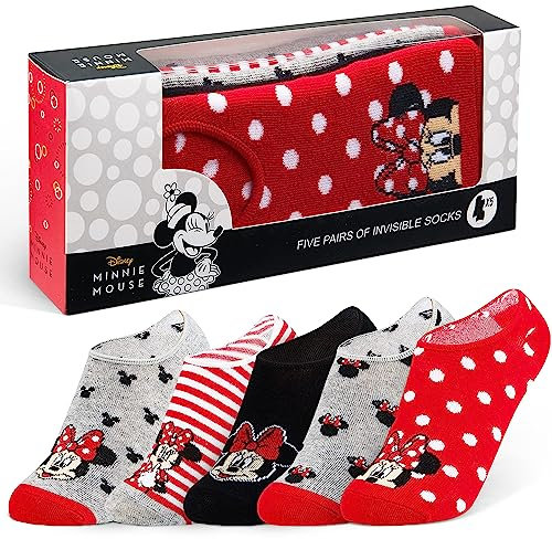 Disney Sneaker Socken, Kollektion, Baumwollreich Kurze Socken, Minnie Mouse Socken, Grau/Rot, 5 Paar Socken, Größe 36-40, Socken Damen, Geschenke Fans