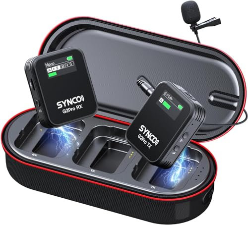 SYNCO Microfono Wireless Lavalier G1(A2) Pro con Charging Case Dual Pack Lapel Mic 150M 8H per DSLR Camera Smartphone Tablet YouTube Video Interview Vlog (1TX+1RX(con display)+charging case)