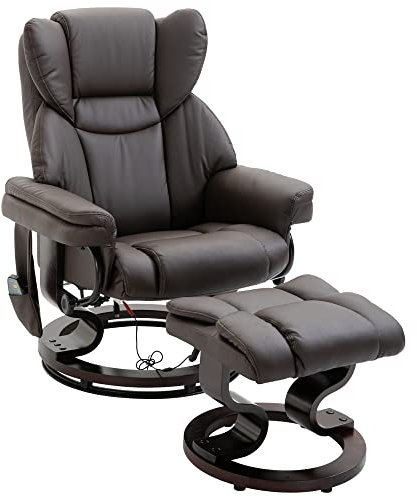 HOMCOM Relaxsessel mit Fußhocker, Elektrischer Fernsehsessel mit Liegefunktion, Drehbarer Massagesessel mit Fernbedienung, Seitentasche, für Wohnzimmer, Kunstleder, Braun