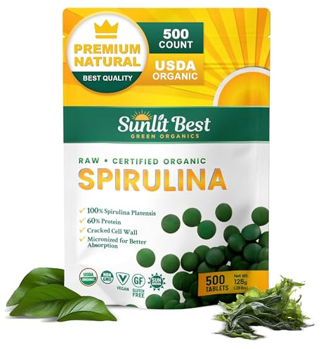 Sunlit Best Spirulina Tablets - Organic Spirulina Tablets USDA Premium 500 Count - Natural Spirulinas Organic Burst for Immune Support Muscle Growth, Energy Boost w/Chlorophyll - High Protein, Non GMO