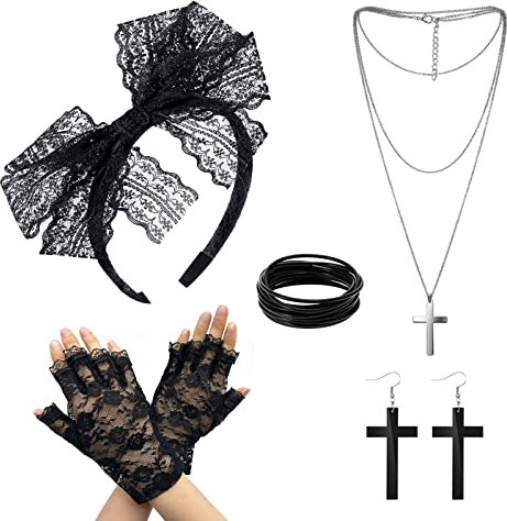 MIVAIUN 5pcs 80er Accessoires für Damen 80 Jahre Kostüm Zubehör Set Spitze Stirnband Ohrringe Netzhandschuhe 80er Retro Party Halskette Armband 80er Accessoires für Party Karneval Halloween (Schwarz)