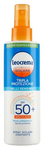 Leocrema - Crema Solare Spray SPF 50+, per Pelli Sensibili, Tripla Protezione dai raggi solari, Senza Profumo, Resistente all'Acqua, 200 ml