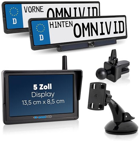 omniVID® Solar 5-Duo für vorn und hinten mit 2 Kameras, Premium Solar 5 Zoll Rückfahrkamera-System, Kabellos mit 5Zoll Monitor u. 2 solarbetriebenen Kameras z. Nachrüsten ohne Bohren, IP67 wasserdicht