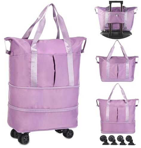 VOOWO Reisetasche mit Rollen, erweiterbar, faltbar, mit Rollen für Reisen, Rollgepäck, Handgepäck, Reisetasche, große Wochenendtasche für Damen und Herren, violett, Erweiterbare Reisetasche mit Rollen