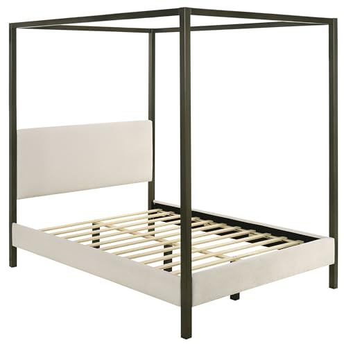 Coaster Home Furnishings - Monroe - Wood - Upholstered Canopy Bed with Four-Post Metal Frame, Padded Headboard and Transitional Style - Bedroom - Queen Size - Vanilla - 300834Q